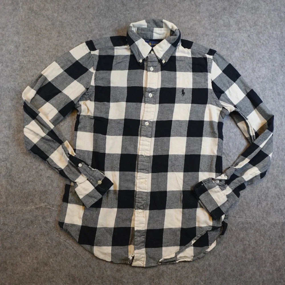 Ralph Lauren Top Women Medium Blue White Buffalo Plaid Classic Fit Flannel - Picture 1 of 10